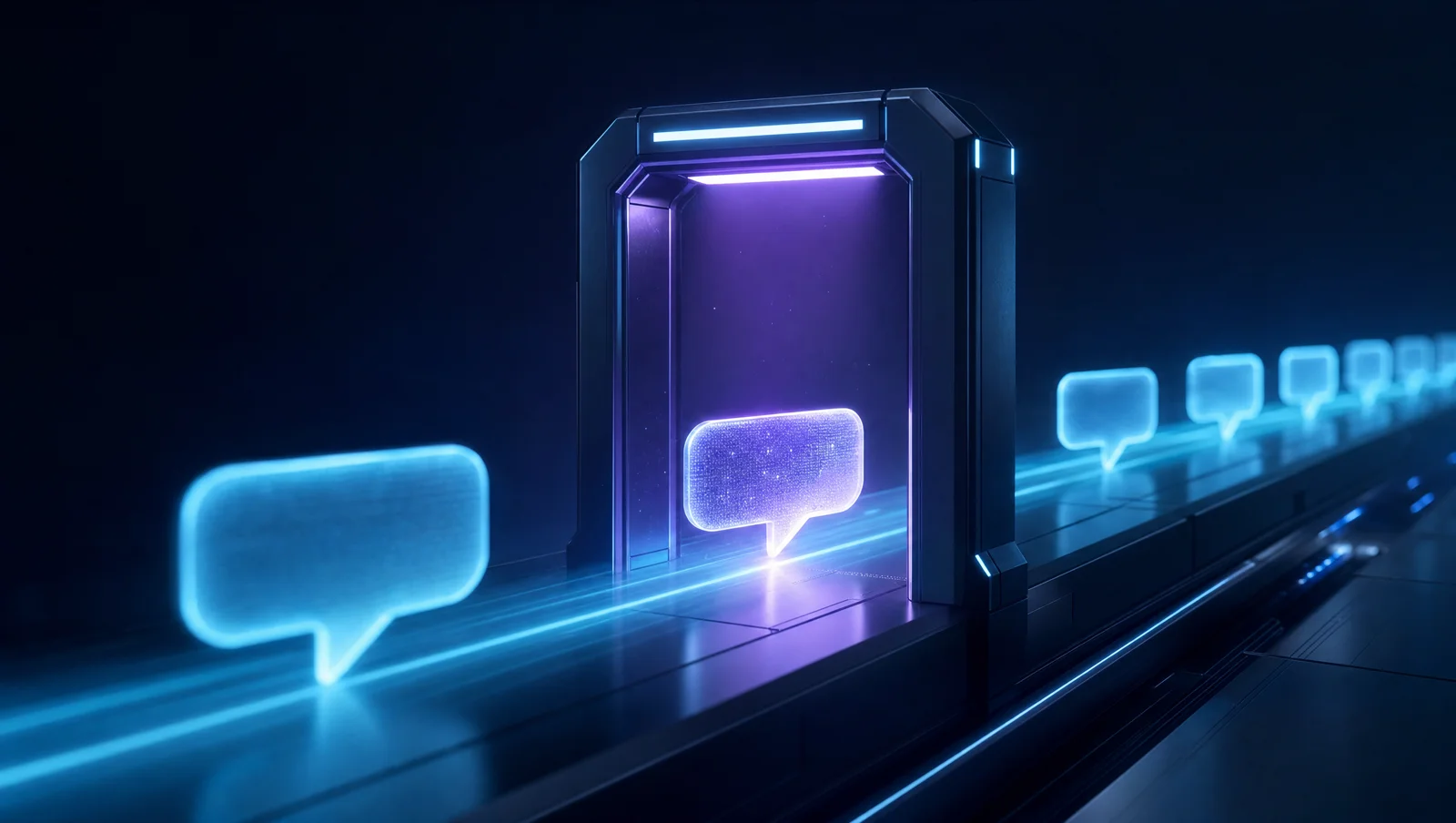 Message bubbles travelling along a track and passing one at a time through a lit checkpoint gateway