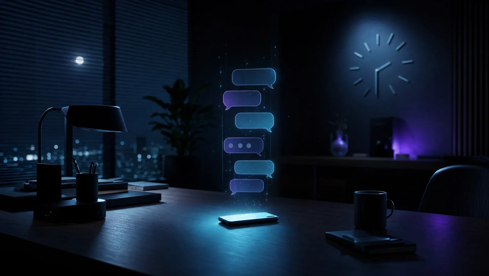A phone on an empty night-time desk projecting a tall column of message bubbles, a wall clock reading past seven behind it