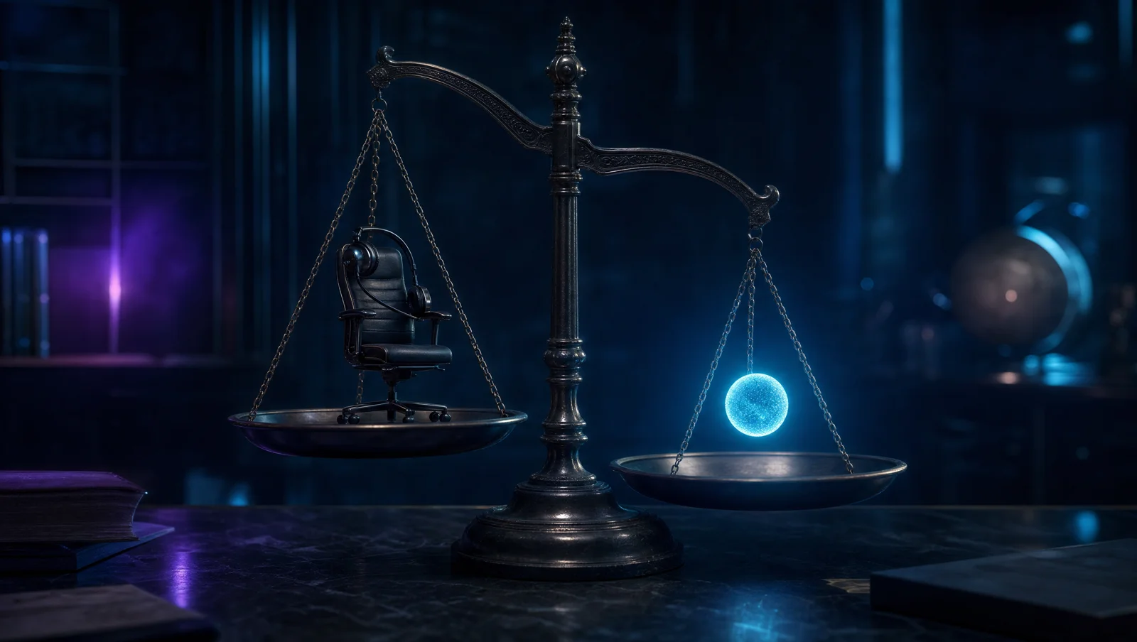 A balance scale weighing an empty office chair on one pan against a small glowing sphere on the other