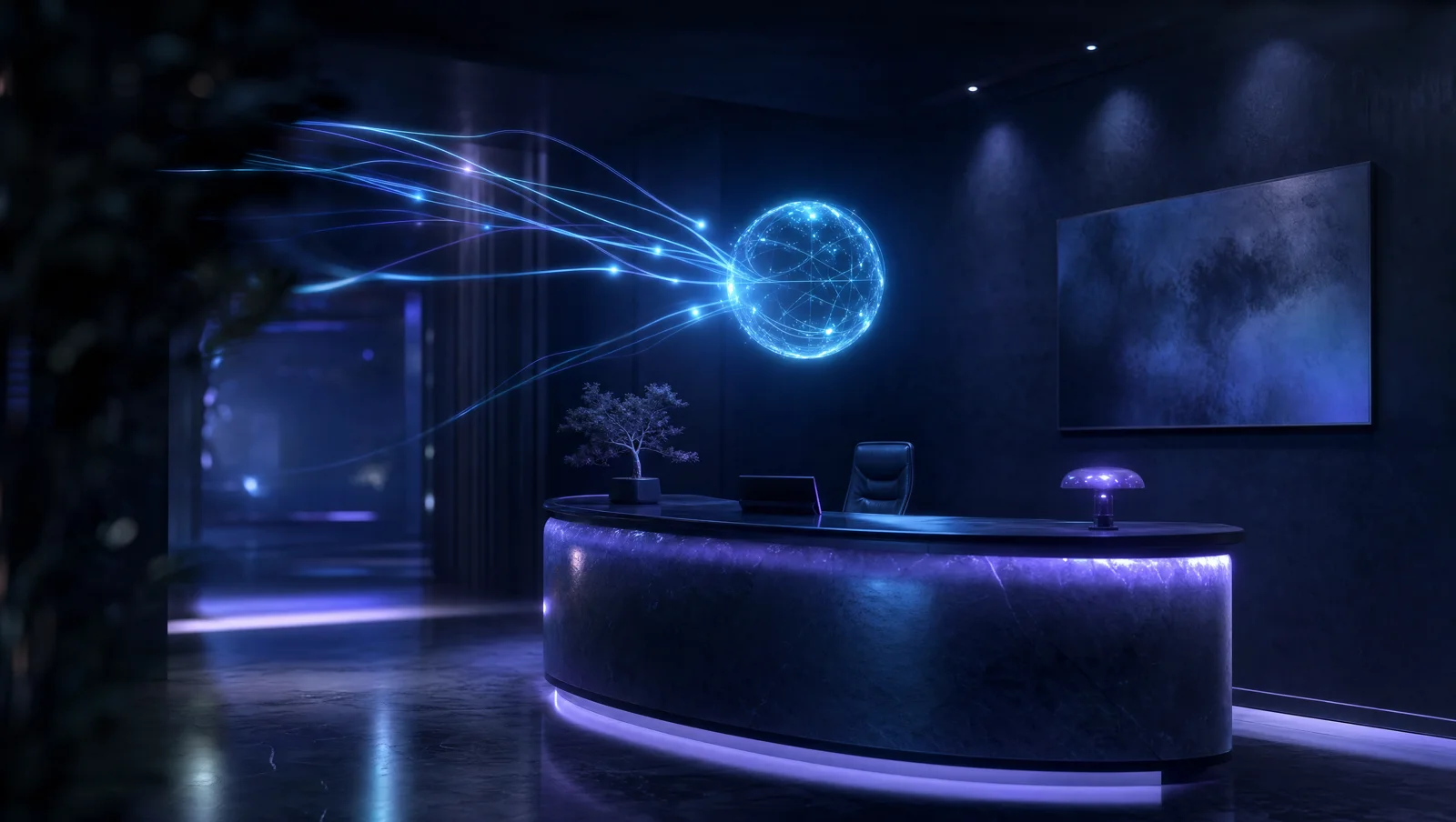 An unstaffed reception desk at night with a glowing network sphere hovering above it, light trails arriving from off-screen