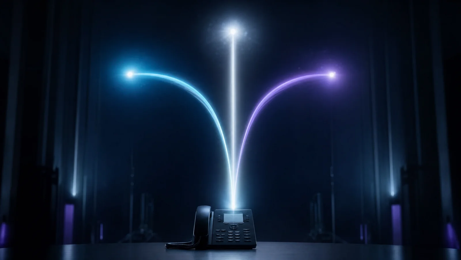Three beams of light rising from a single desk phone and arcing outward to three separate destinations