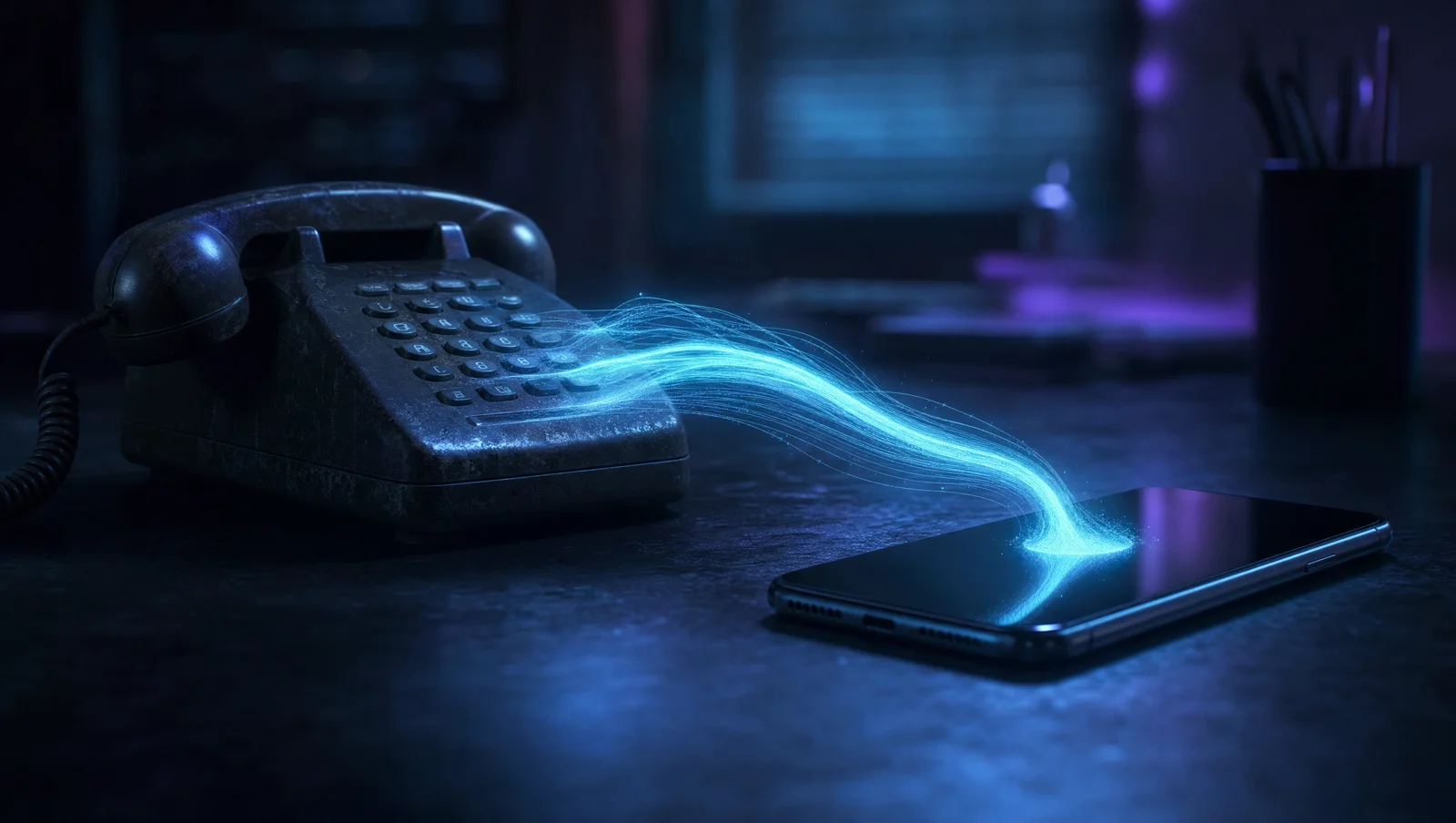 A ribbon of light carrying a phone number out of an old dusty desk phone and into a modern smartphone
