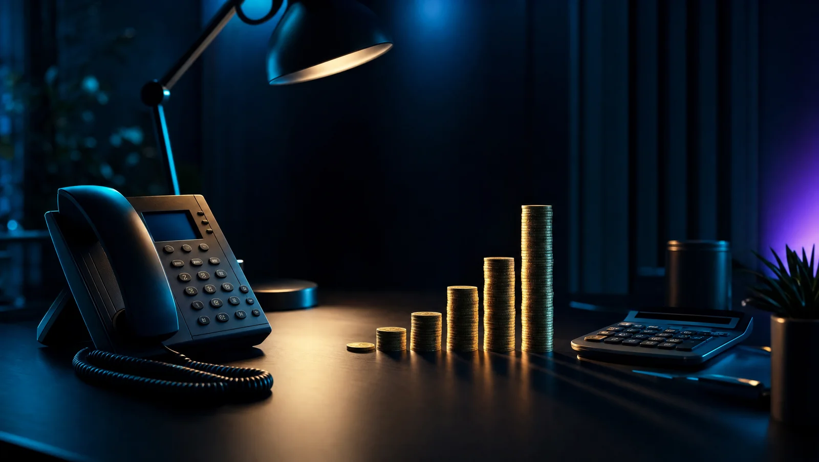 A desk phone beside rising stacks of gold coins and a calculator, lit by a desk lamp