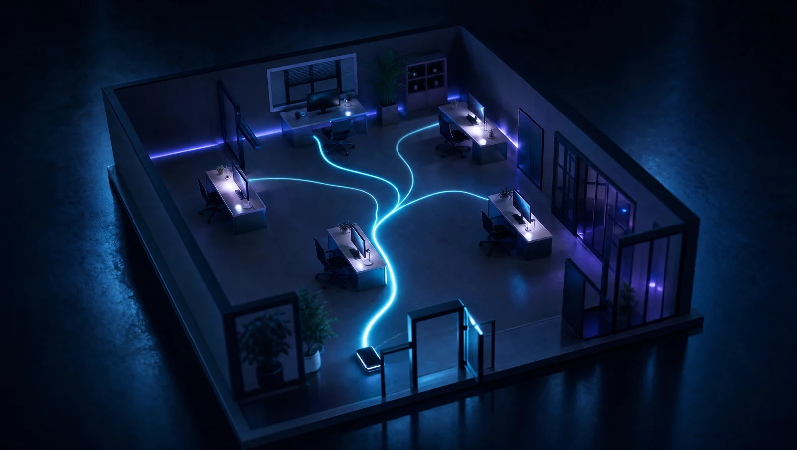 A cutaway view of a small office where a glowing line enters at the front door and branches out to five separate desks