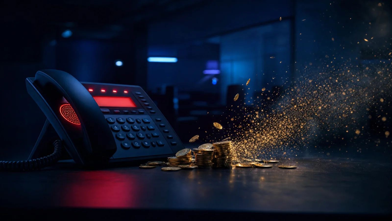 A desk phone lit red with a missed call while stacks of gold coins spill sideways and dissolve into dust