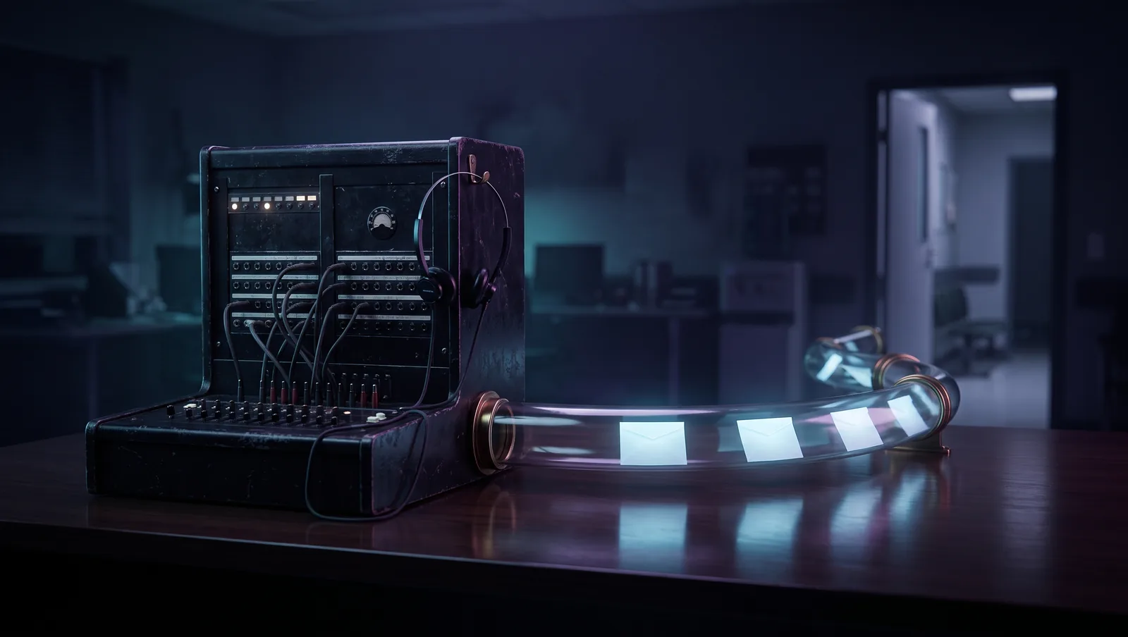 A vintage switchboard console and headset on a dark desk at night, a sealed glass tube curving away from it carrying glowing envelopes toward a lit doorway