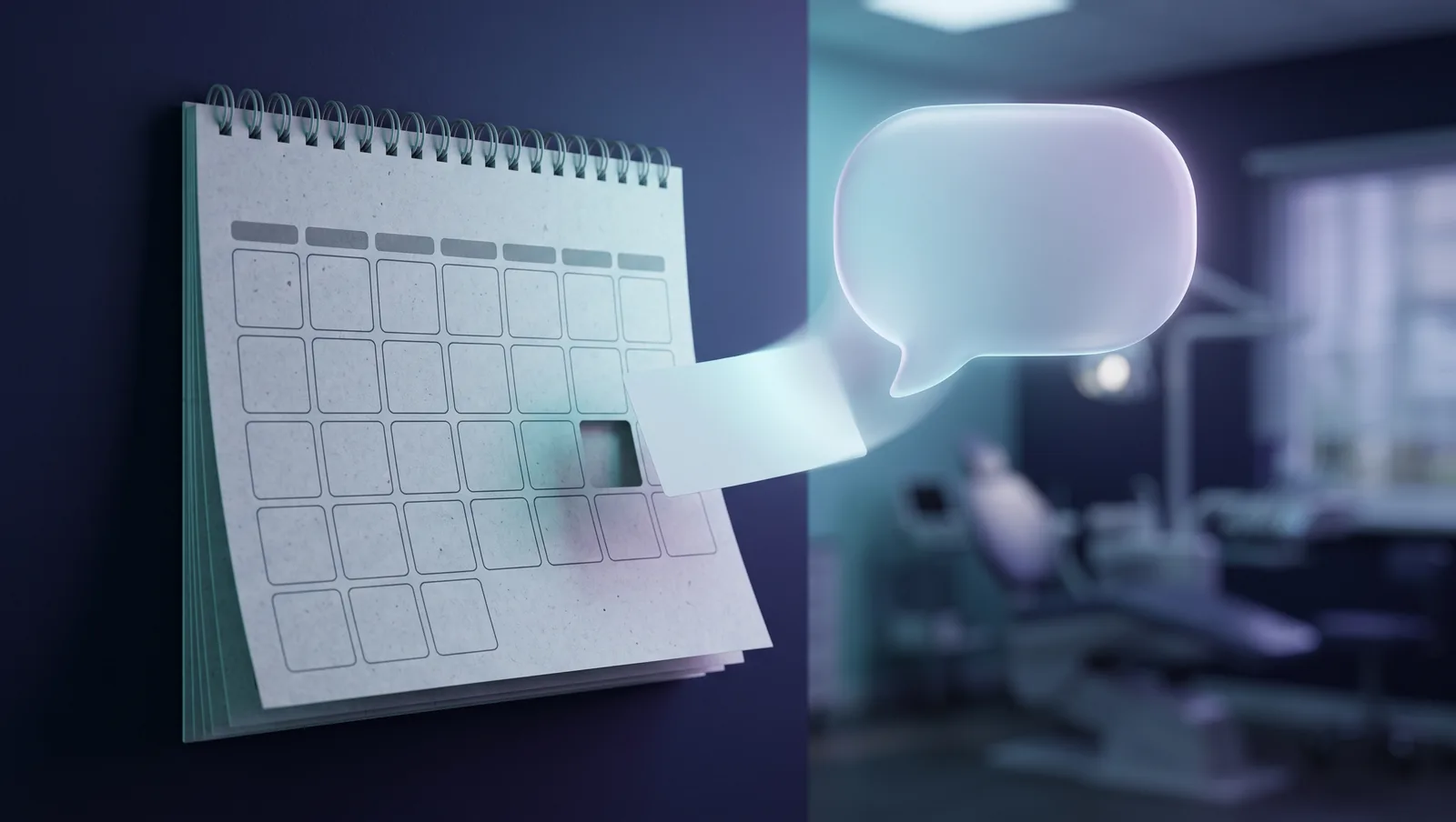 A spiral wall calendar with empty date squares, one blank card peeling away and flowing into a large empty glowing speech bubble, a dental surgery blurred behind