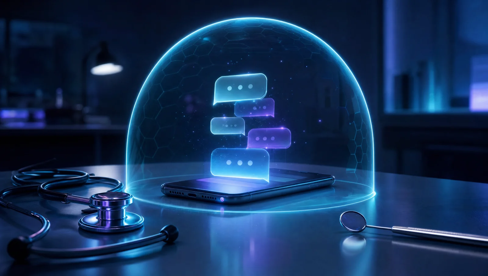 A smartphone showing chat bubbles sealed under a glowing protective dome, a stethoscope and dental mirror on the counter beside it