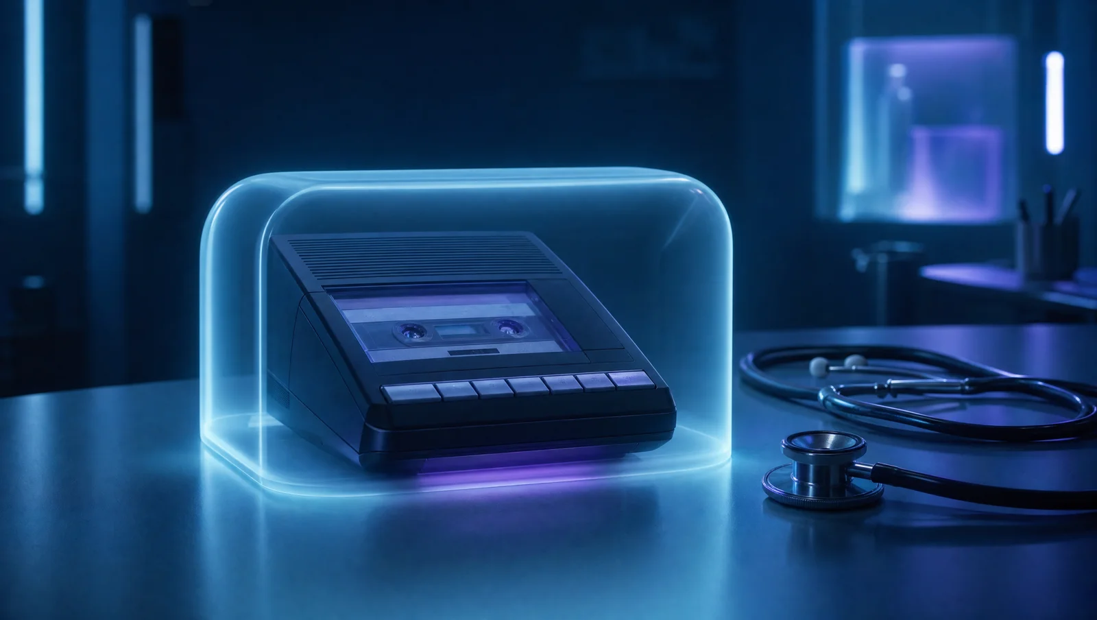 A cassette answering machine sealed under a glowing protective dome on a clinic counter, a stethoscope beside it