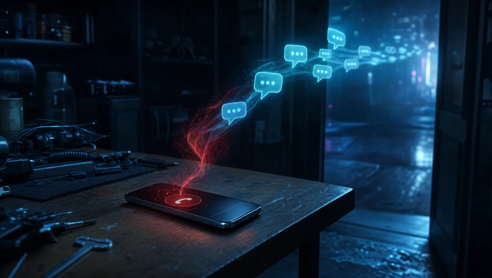 A missed call glowing red on a phone left on a workshop bench, the red smoke turning into blue message bubbles that drift out the open door