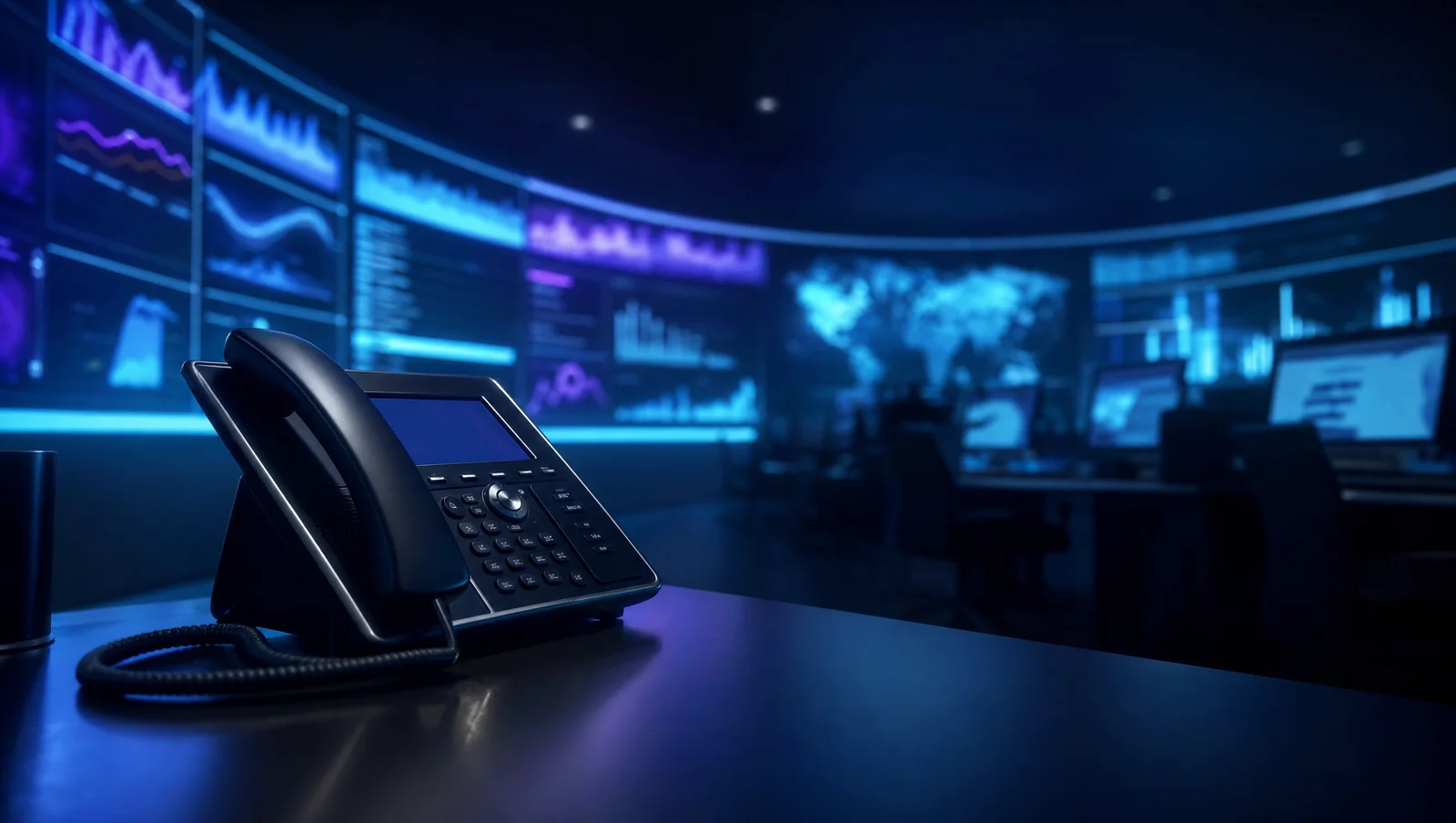 A single desk phone in the foreground against a curved wall of live dashboards, charts and a world map