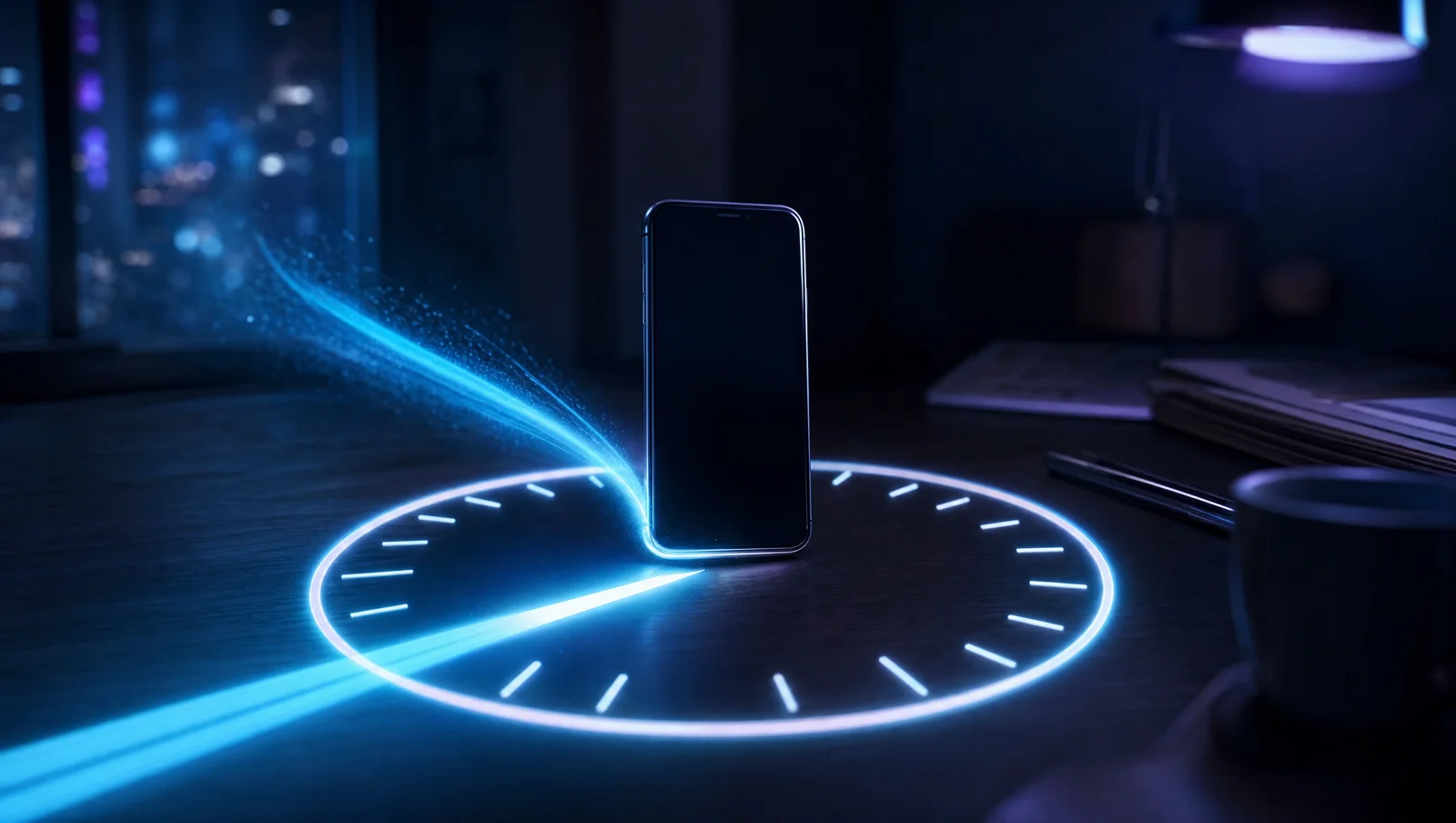 A phone standing upright at the centre of a glowing clock face projected on a desk, a streak of light sweeping toward it