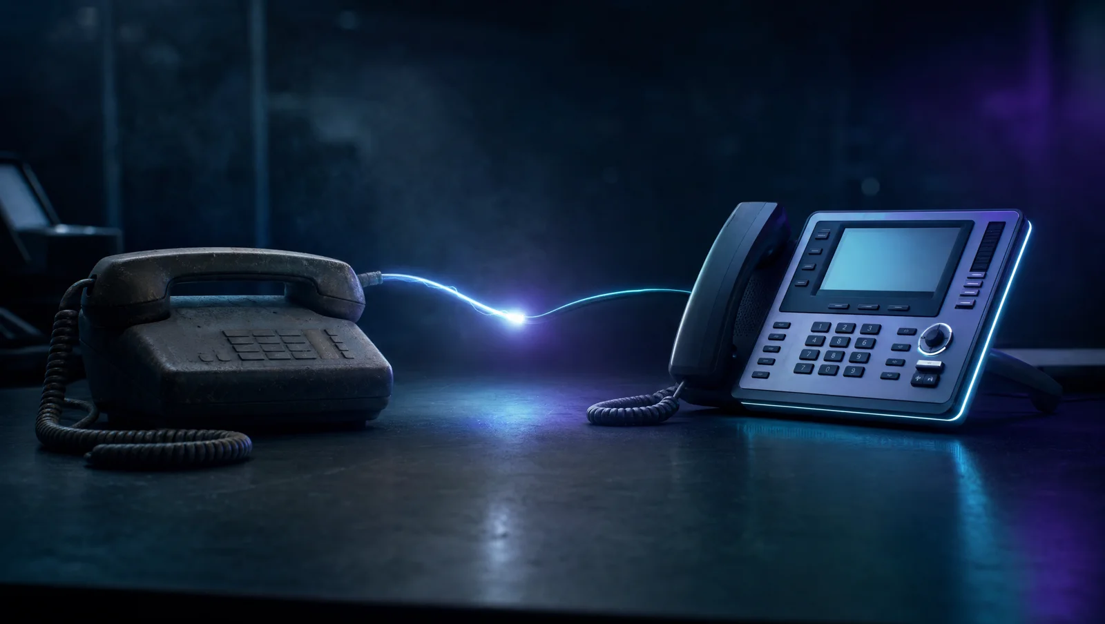 An old corroded desk phone and a new backlit one facing each other, joined by a single arc of light