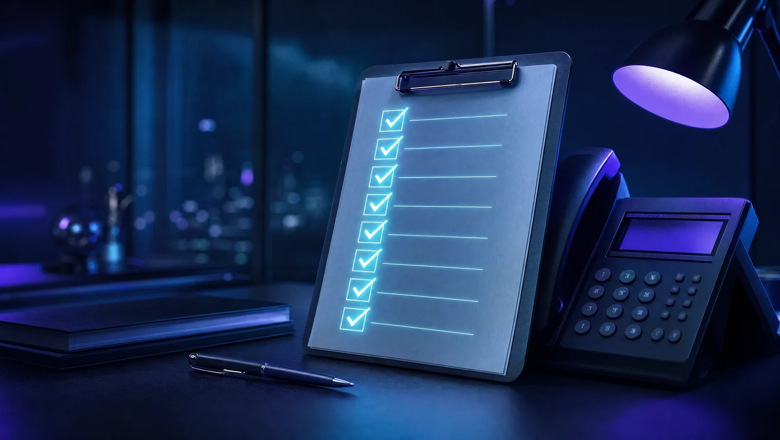 A clipboard of glowing ticked checkboxes propped against a desk phone, pen resting in front of it
