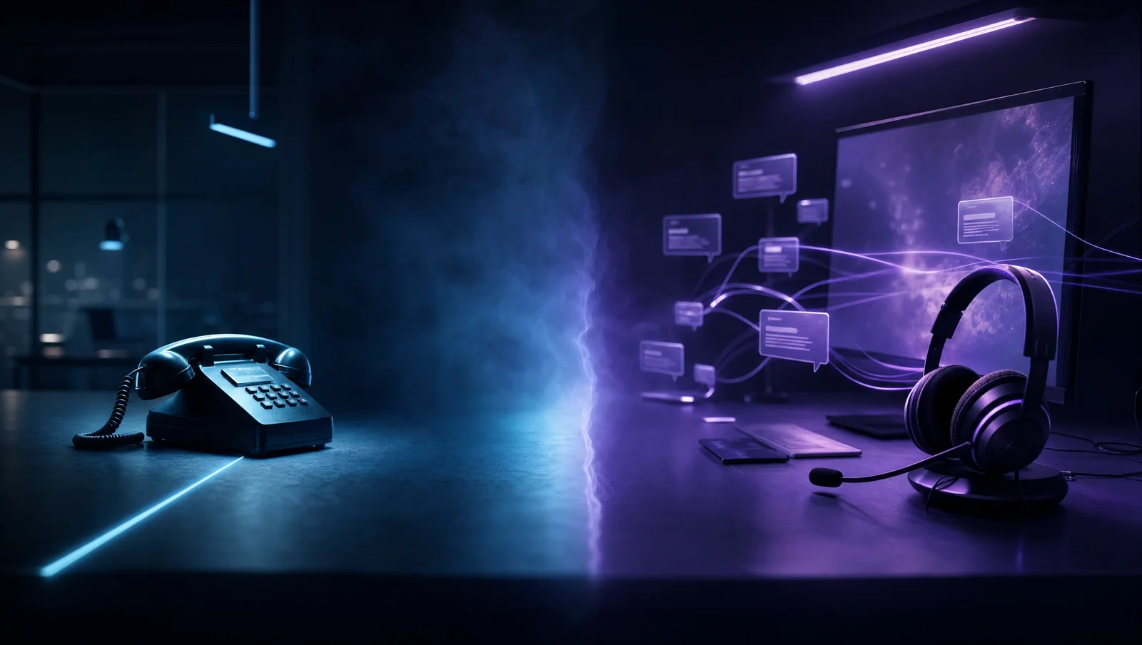 A desk split by a seam of light: a plain corded phone on one side, a screen of chat bubbles and a headset on the other