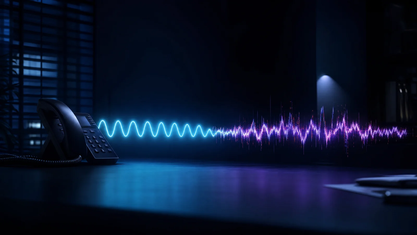 A smooth sine wave leaving a desk phone and breaking apart into jagged, scattered noise further along the desk