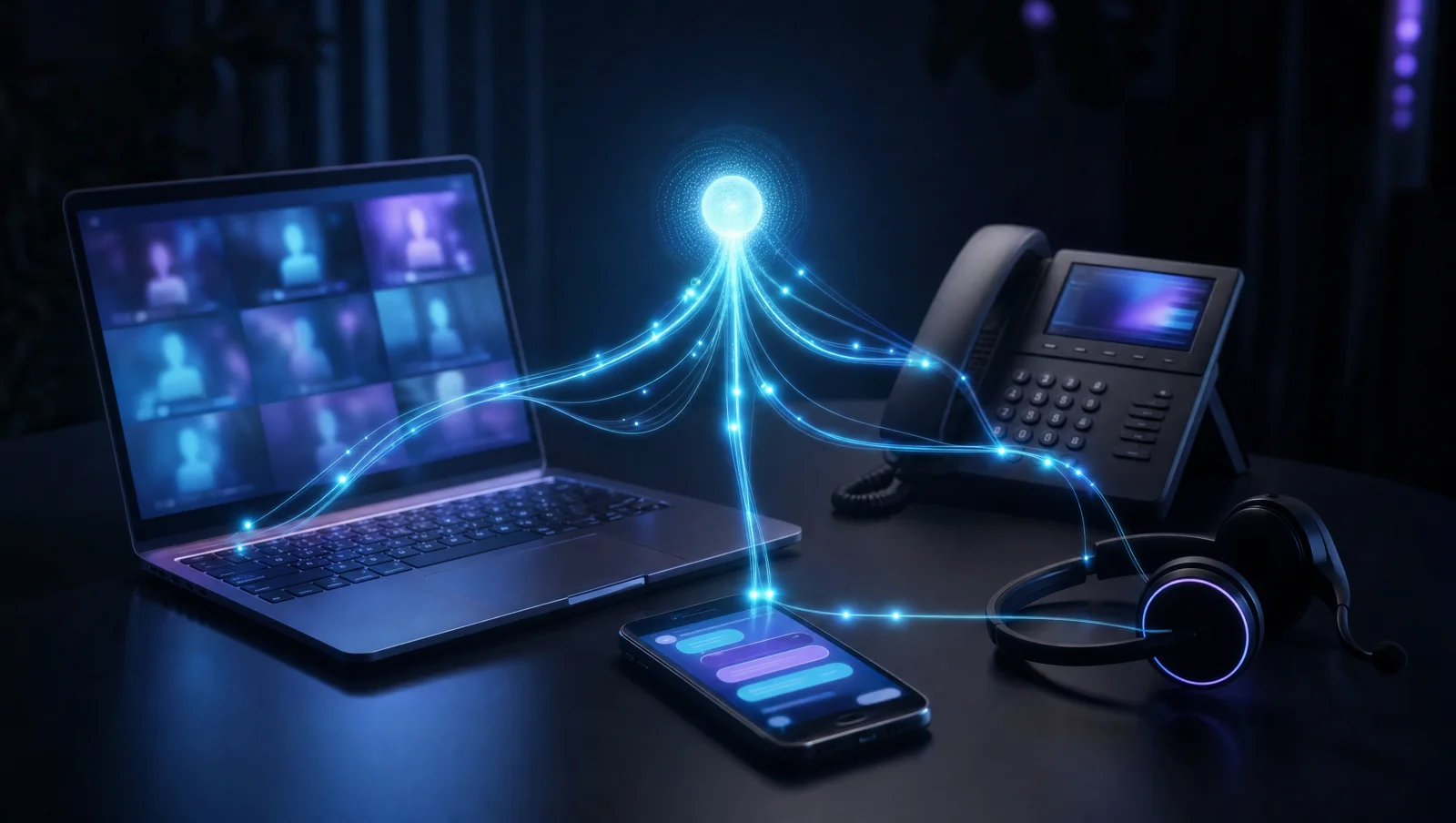 A laptop video call, desk phone, smartphone and headset on one desk, all joined by light trails to a single glowing hub